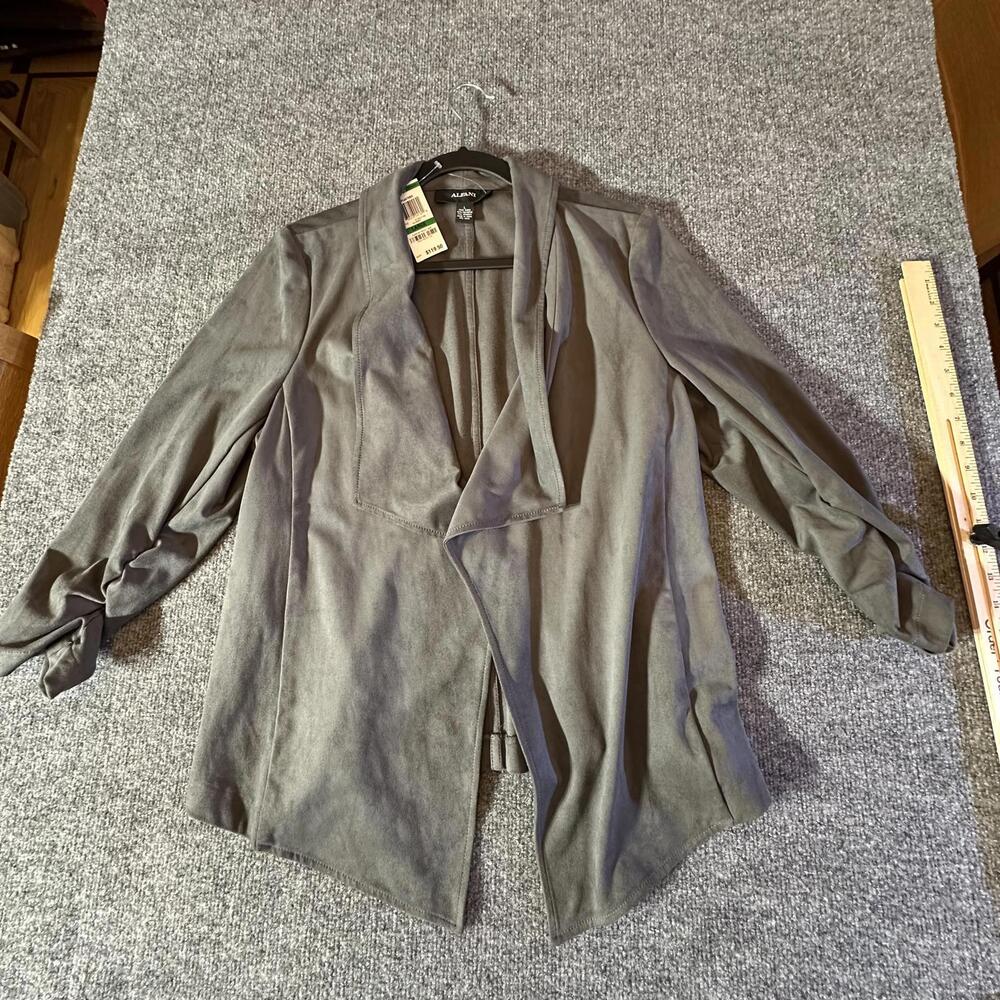 ALFANI Womens Faux Suede Open Front Jacket Gray Ruched Sleeve Large NWT